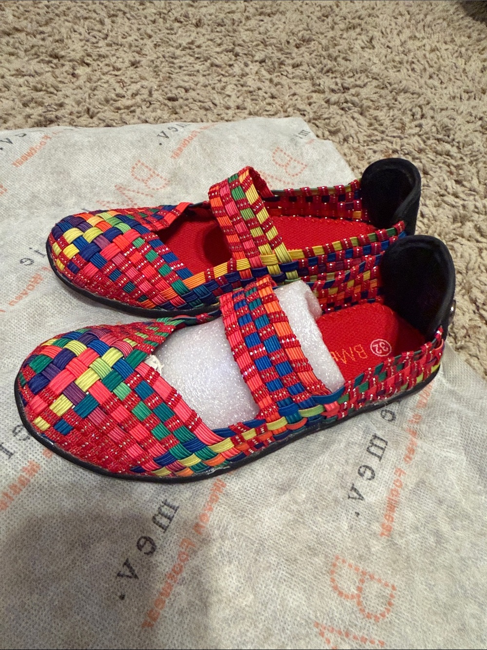 bernie mev. Girls Multicolor Woven Mary Jane Sandals - Red, Blue, Green, Yellow
